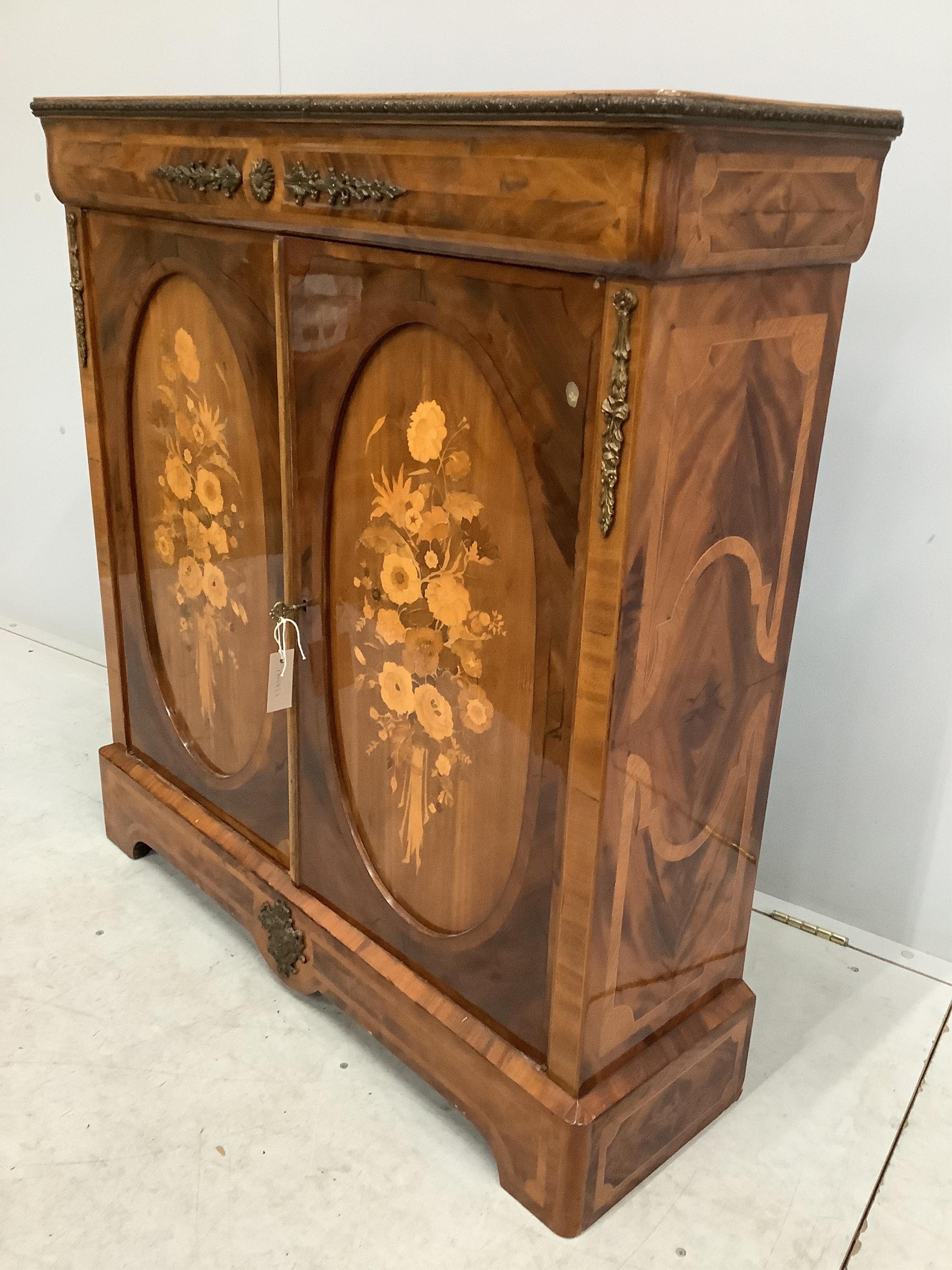 A gilt metal mounted cross banded and marquetry inlaid side cabinet, width 101cm, depth 31cm, height 105cm. Condition - fair